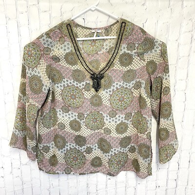 METRO 7  Womans 22/24 Beaded V-Neck Blouse Tunic Top Long Sleeves Semi Sheer