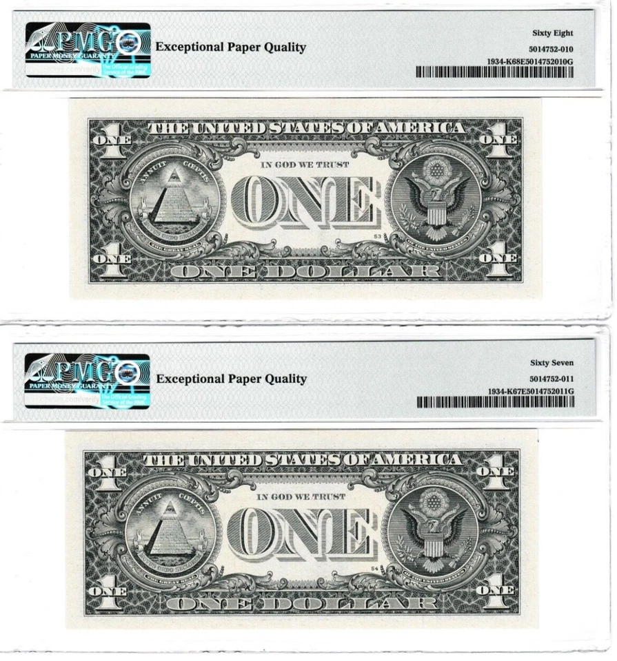 $1  Federal Reserve Notes RADAR & REPEATER S/N 25355352 & 25352535 DALLAS PMG 68 - Image 3 of 3