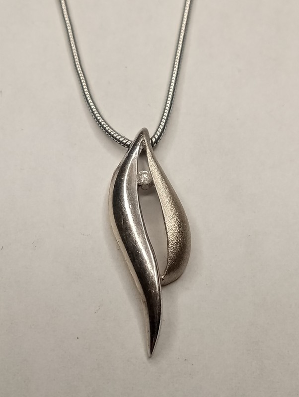 sterling silver necklace with wavy polished/satin pendant REAL natural diamond