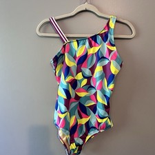 Lands' End One-Piece Geometric Bright One-Shoulder Swimsuit Size 16 Girls