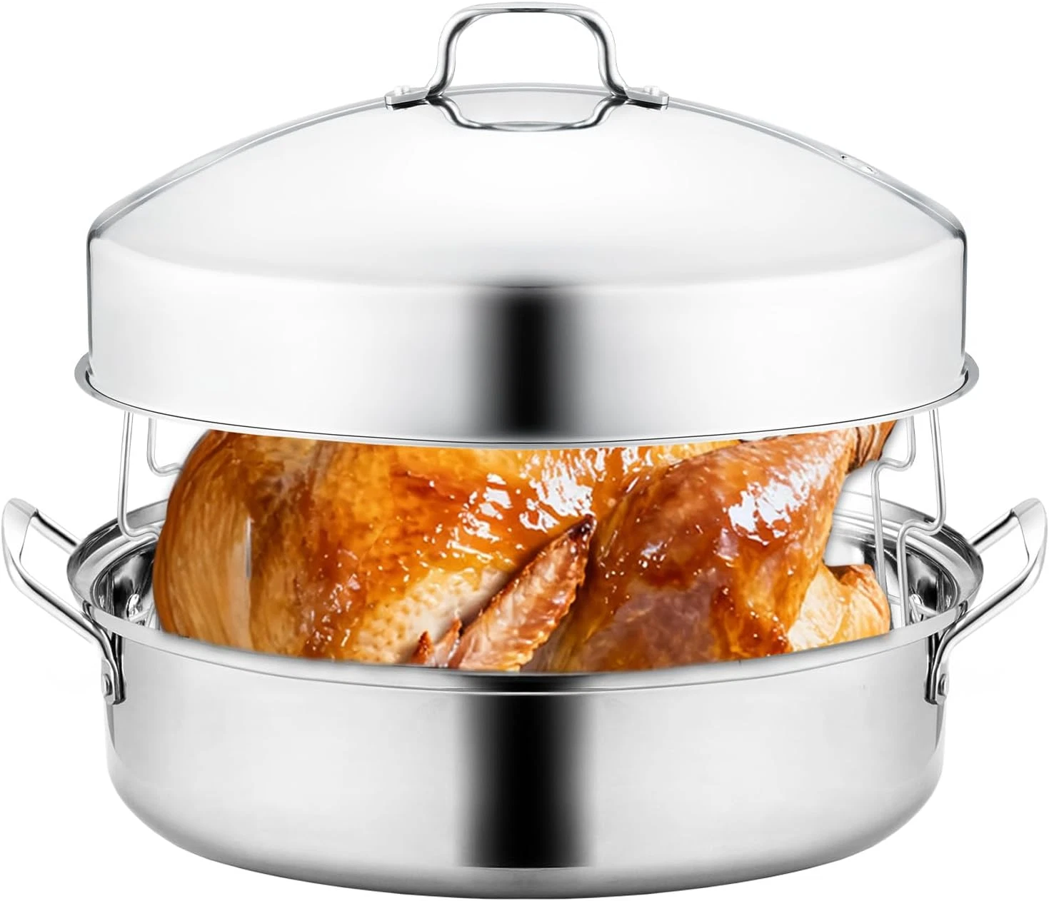 22" Stainless Steel Roasting Pan with Lid and Rack,25Lb Capacity,Large Roaster P