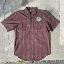 VTG Harley Davidson Mechanic Patch Camp Shirt Medium Black Red Workshop Garage