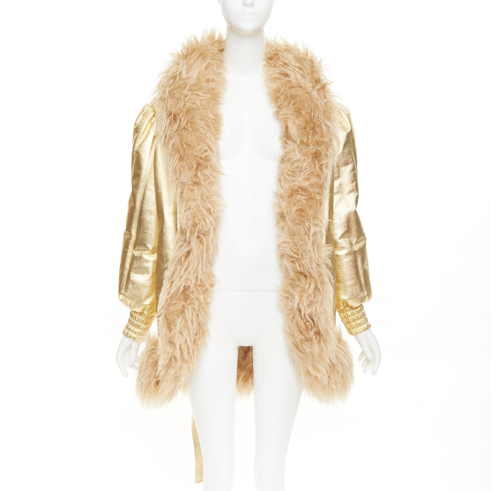 MIU MIU 2019 gold lambskin brown mohair shaggy fur collar robe coat IT36 XXS image 3