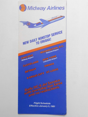 SYSTEM TIMETABLE MIDWAY AIRLINES 1981 ROUTE MAP
