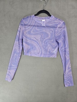 Collusion X Womens 8 Mesh Crop Top Shirt Purple Swirl Logo Long Sleeve Hip Hop 