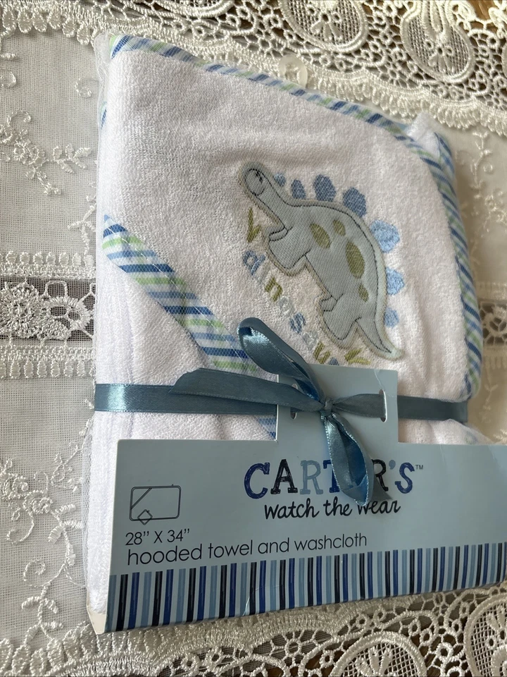 Juego de toallas y paños con capucha CARTER’ S Dinosaur 28" X 34" borde verde/azul NUEVO Foto 3 de 4