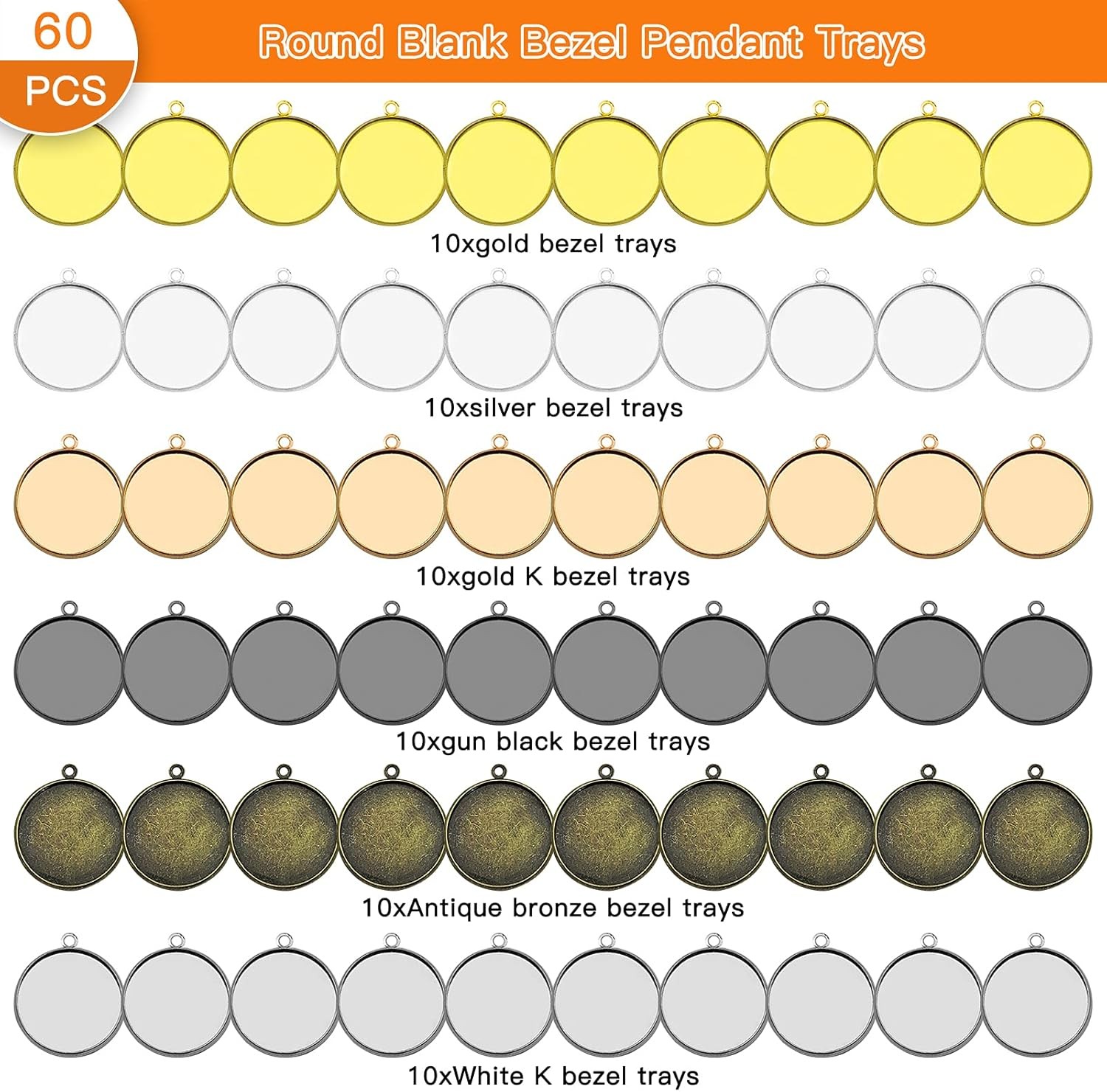 Oubaka 60Pcs Round Blank Bezel Pendant Trays,DIY Bronze,Gold,Silver,White 