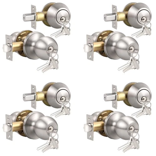 4 Pack Entry Knob & Deadbolt Set, Satin Nickel, Keyed Alike, Single Cylinder