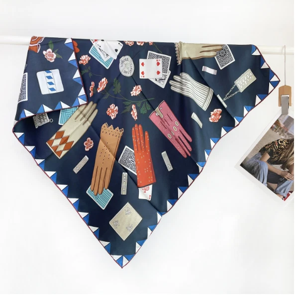 14 Momme Twill Silk Bandanna Scarf lace Print Square Shawl 35'' Neckerchief Wrap