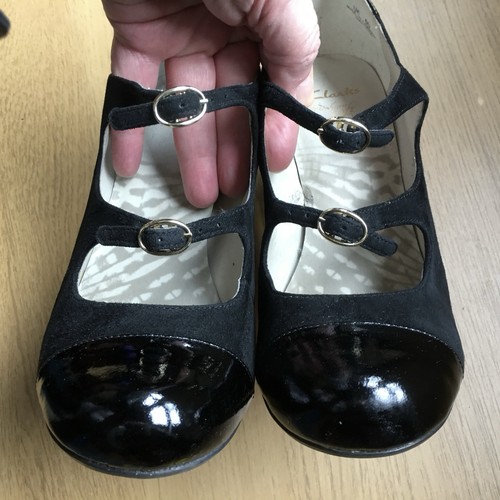 Clarks Shoes Black Suede Patent Leather Double Strap High Heel Round Toe UK 6 D - Picture 5 of 15