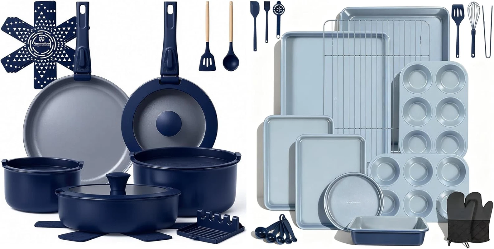 18-Piece Non-Stick Ceramic Cookware & 22-Piece Bakeware Set - Navy Blue