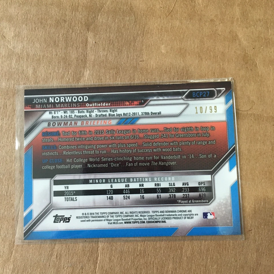 2016 Bowman Chrome Prospects Green Shimmer Refractor /99 John Norwood #BCP27 - Image 2 of 2