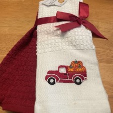 NWT Two Embroidered Autumn / Fall Kitchen Towels Truck Pumpkins 14 x 24