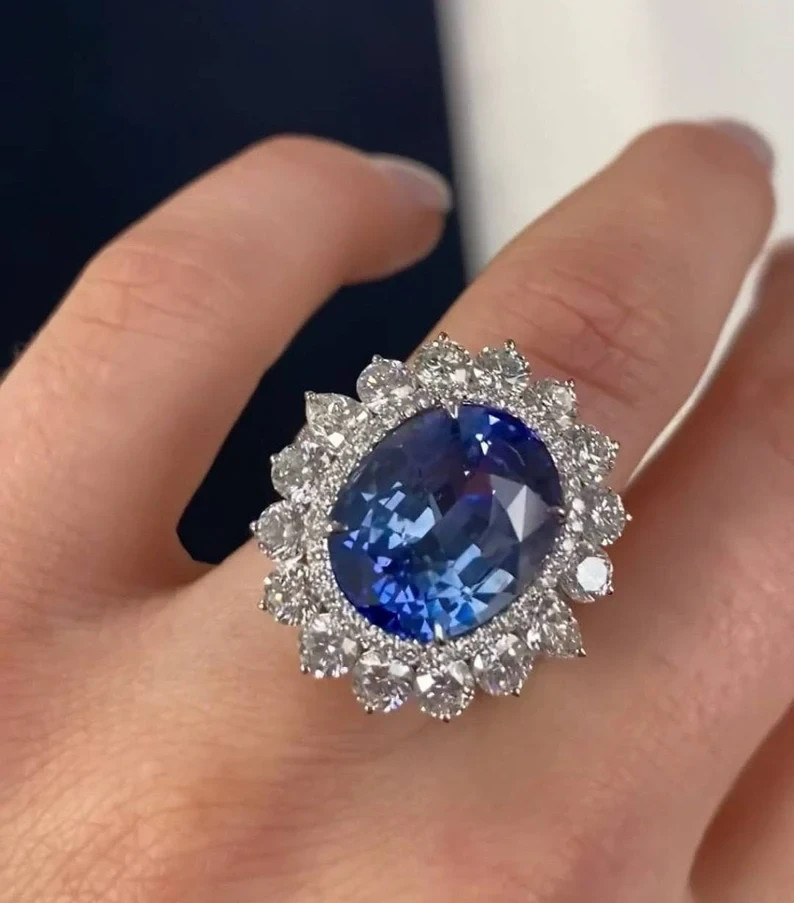 6.00 Ct Oval Natural Sapphire Diamond Engagement Ring 14K Real White Gold Size 9