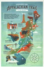 The Appalachian Trail Map Maine to Georgia, Bear Waterfall etc - Modern Postcard