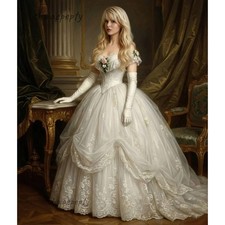 Vintage Victorian Bridal Gown Off Shoulder All Lace Tiered Tulle Wedding Dresses