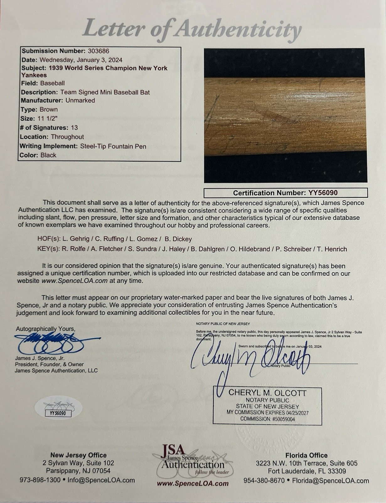 LOU GEHRIG SIGNED AUTO AUTOGRAPH **RARE** 1939 NY YANKEES MINI BAT PSA/DNA + JSA