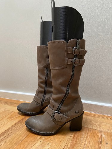 Born Treddy Boots Leather Moto Style Mid Calf Gray Brown Flannel Lined Wm Sz 6.5