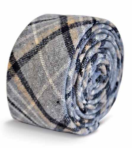 Cravatta Uomo In Lana Tweed Frederick Thomas - Quadri Blu Su Marrone - Fatta A Mano