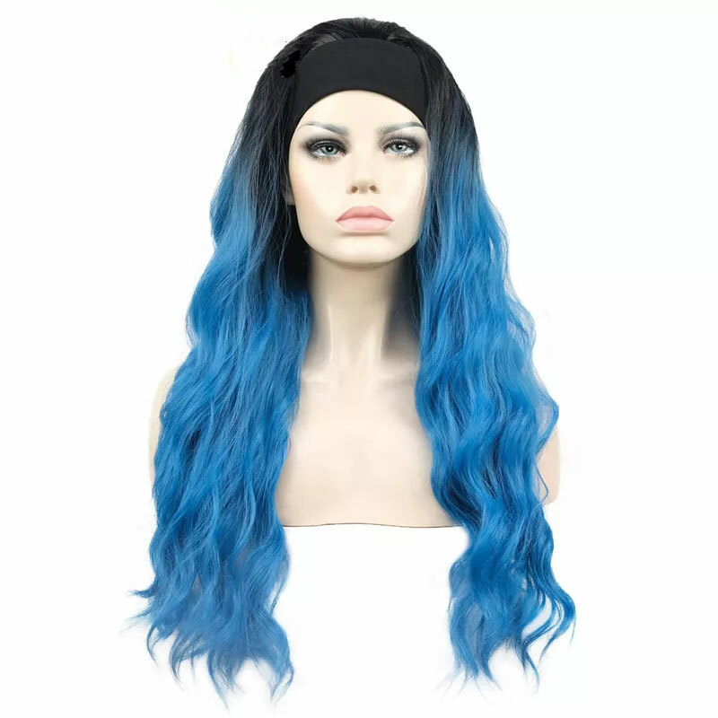 Ombre Blue Headband Wigs Black Roots Natural Wave Wigs for  display picture 2