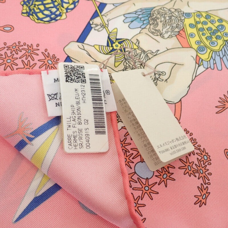 HERMES Carre 90 Flag Zip Scarf Silk Rose Bonbon Blue