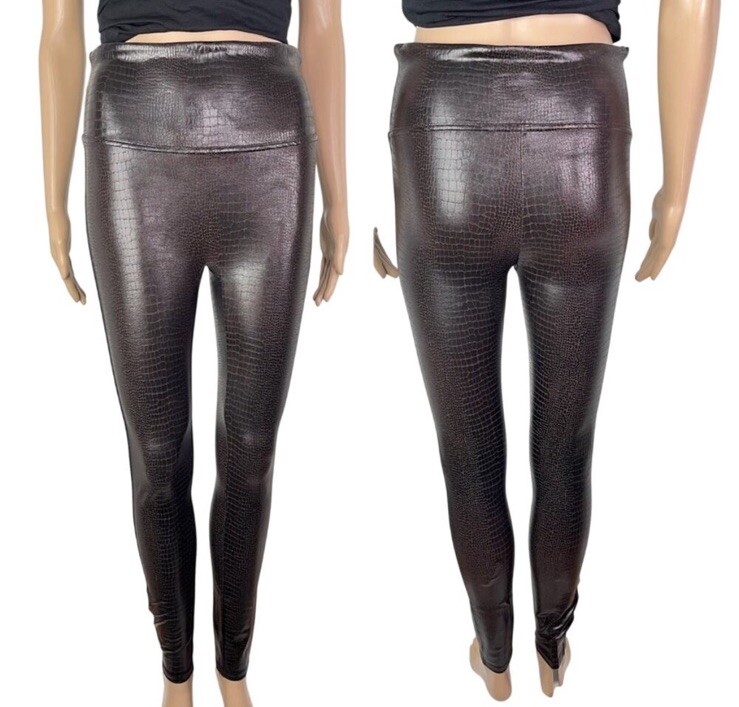 Spanx Faux Leather Croc Shine Animal Print Brown Casual Leggings Size Medium