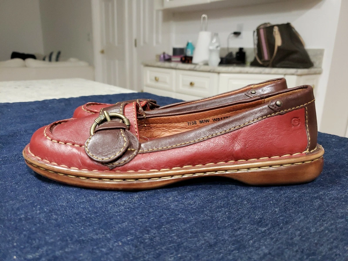 Born Red Brown Leather Loafer Slip On Shoes Buckle Women s 7 M 38