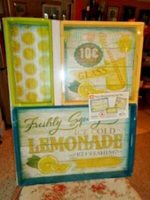 Wood Serving Tray Set Painted 3Pc Lemonade Lemon Yellow Blue Handle Highland USA