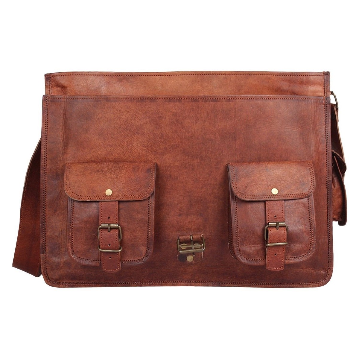 Sac Messenger En Cuir Véritable Vintage Marron - Pour Ordinateur Portable - Taille Moyenne Neuf