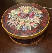 Vintage Hand Painted Floral Tole Round Wood Shaker Pantry Box Cottagecore Signed