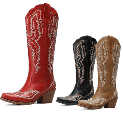 Women's Square Toe Knee High Cowboy Boots Embroidered Western Boots
