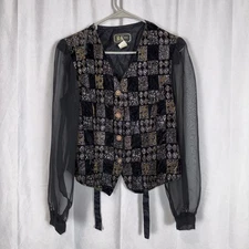 Vintage RK Evening Jacket Womens M Black Metallic Beaded Puff Sleeve MADE IN USA