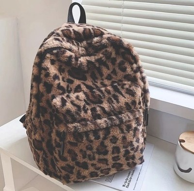 Leopard Print Plush Backpack Women School Laptop Bag Adjustable Straps Multi Poc