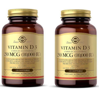 Solgar Vitamin D3 (250 mcg, 10,000 IU) 120 Softgels Each (Pack of 2)