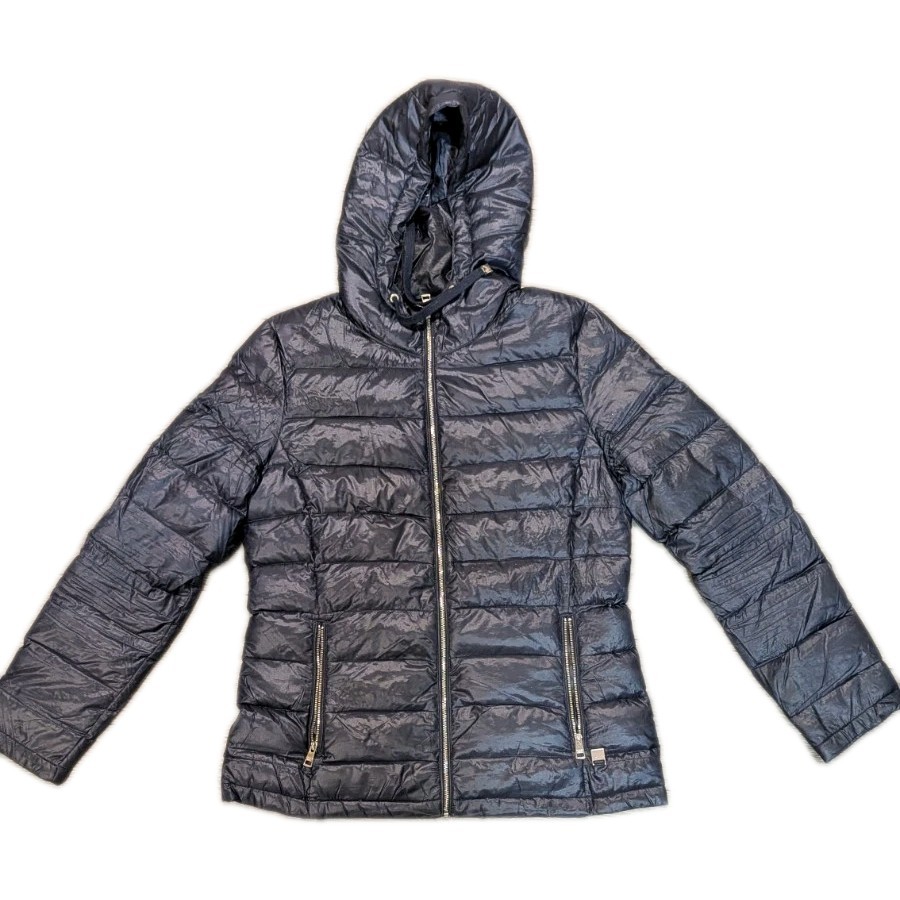 Marc Andrews Womens M Puffer Jacket Navy Blue Full Zip Hooded Premium Down Logo