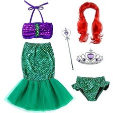 Green Mermaid Little girls Princess Swimwear dress costume wig Wand 1.5-2 Age