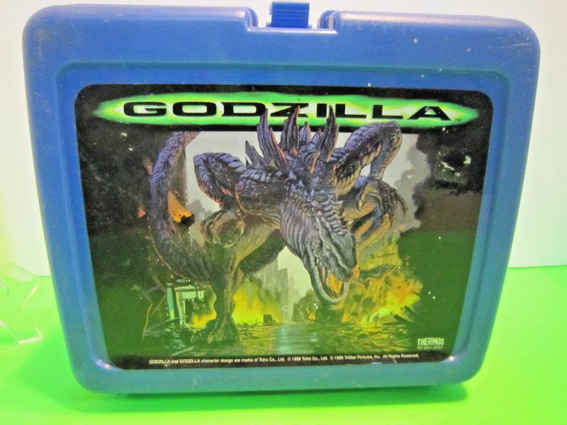THERMOS " BLUE PLASTIC GODZILLA LUNCHBOX AND THERMOS BOTTLE MISSING THE CAP "