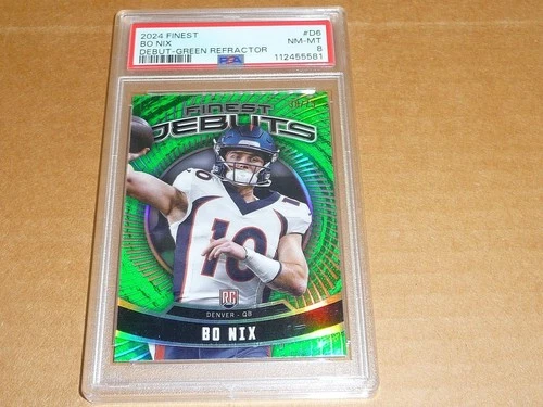 2024 Topps Finest BO NIX DEBUT GREEN REFRACTOR BRONCOS 38/75 ROOKIE #D6 PSA 8