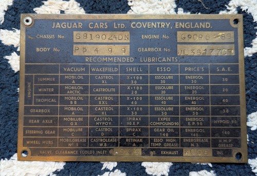 Original Jaguar XK140 DHC ID Plate 1955/6