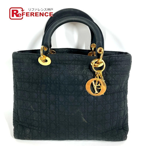 DIOR Lady Dior Cannage Nylon Canvas Top Handle Handbag Black Women's Italy