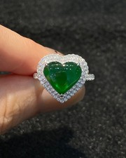 Heart Cut Green Jadeite Cabochon Ring 925 Sterling Silver Halo Engagement Ring