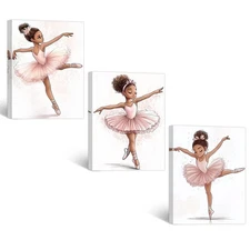 3 Pieces Pink Ballet Wall Art Ballerina Dancer Picture for Little Girls Canva...