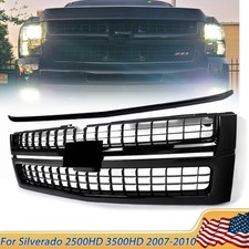 Front Grille For 2007-2010 Chevy Silverado 2500 3500 Hd Gloss Black Hood Molding
