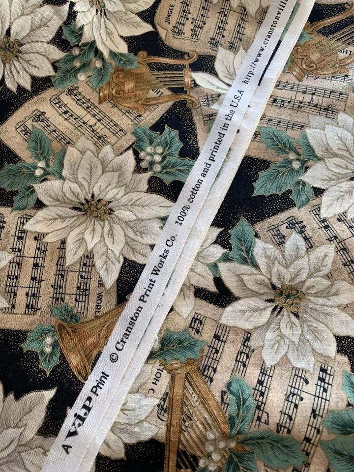 VIP Cranston Christmas White Poinsettia Gold Music Fabric 2.75 Yds X 44” W - Image 3 of 3