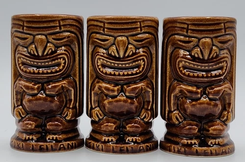 Vintage MCM Tiki Leilani Tiki Tumbler Mug Cup Brown 5 1/8”  Set of 3