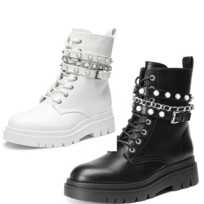 Women Ankle Boots Platform Side Zipper Metal Chain Combat Boots | eBay