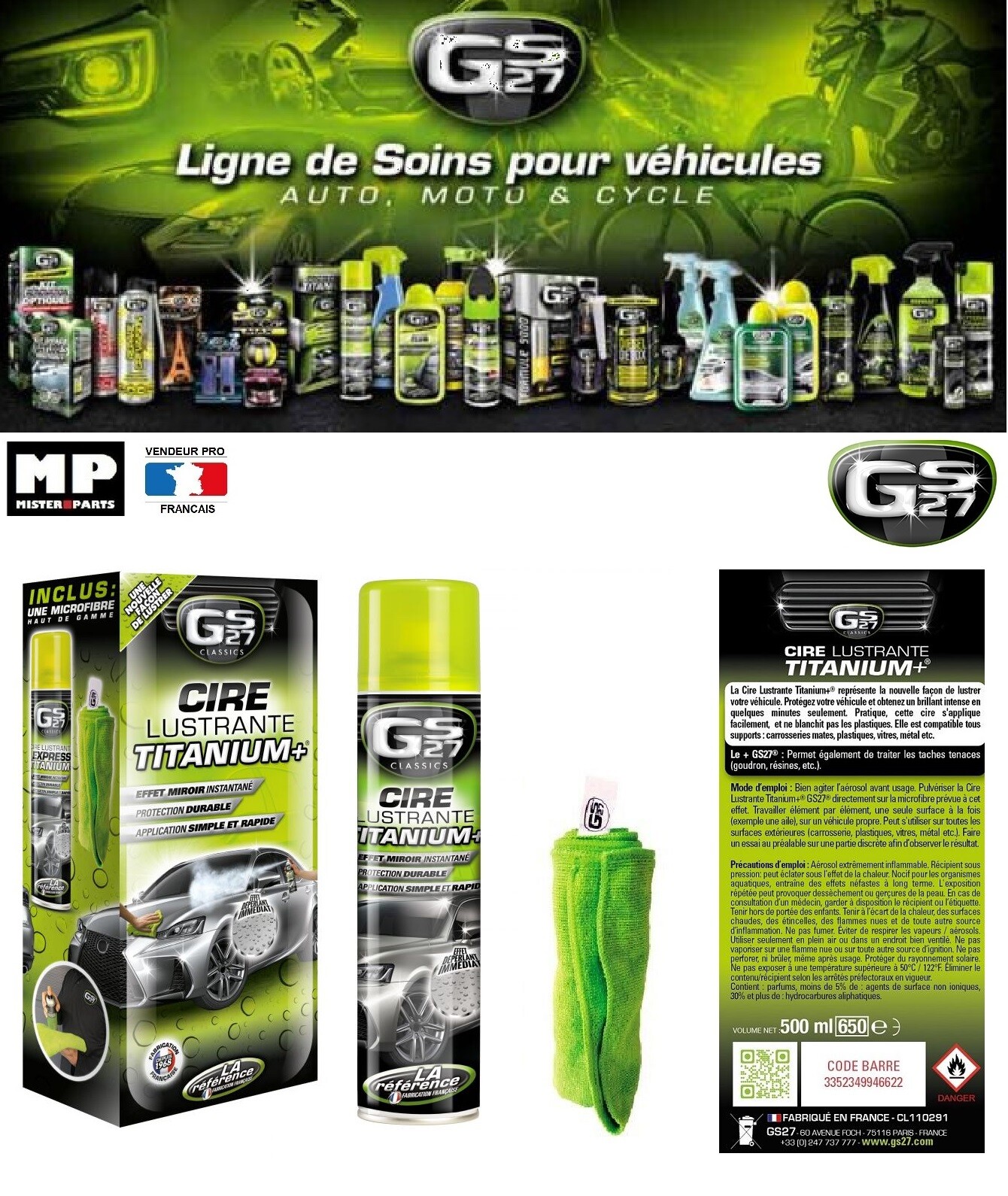 Coffret cire lustrante GS27 Titanium+ 500ml pour carrosserie et vitres