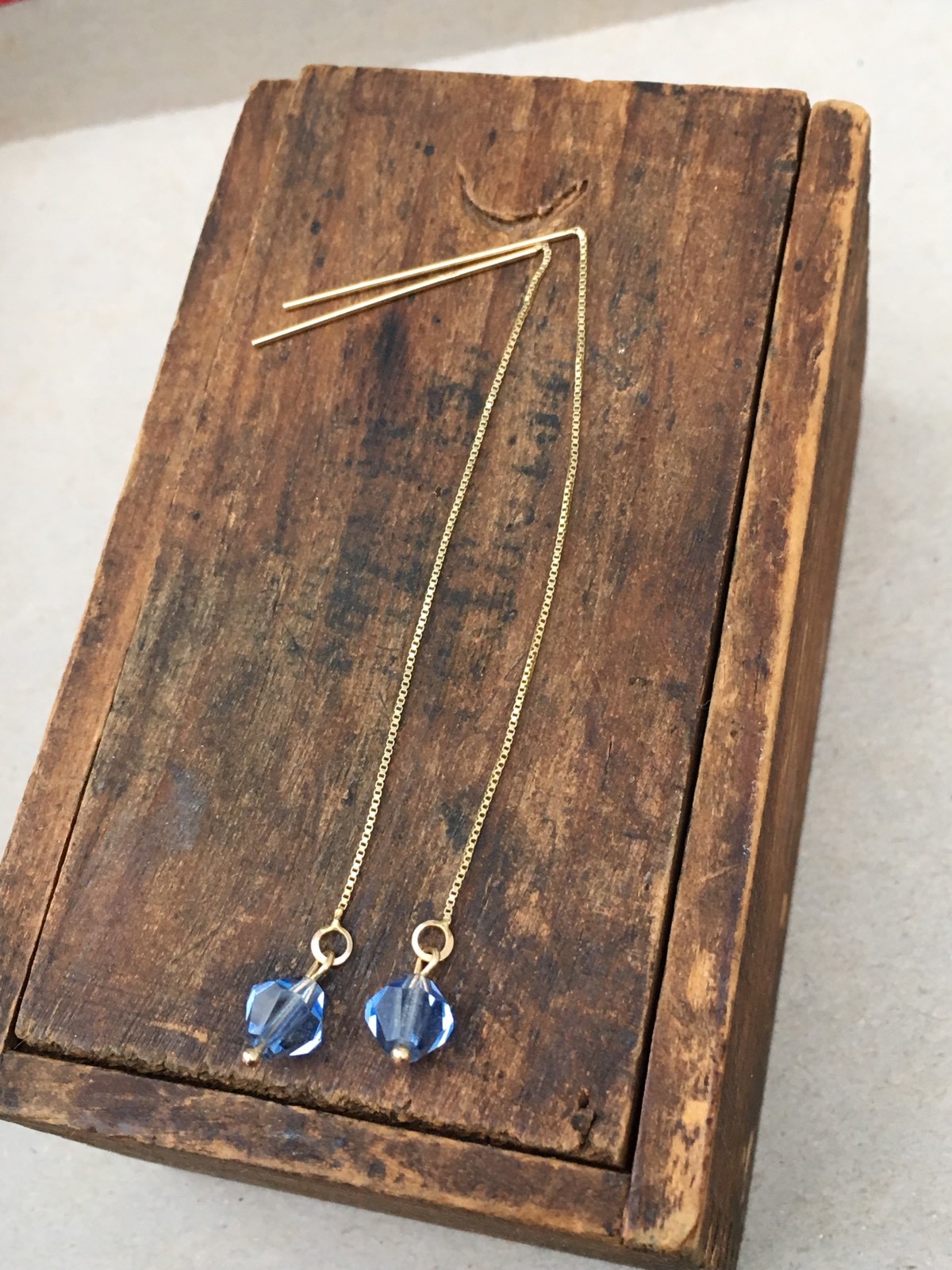 14k Solid Yellow Gold Dangle Chain Earrings Blue … - image 3