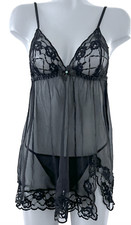 FREDERICK'S OF HOLLYWOOD BLACK SHEER MESH LACE BABYDOLL THONG PANTY SET SMALL