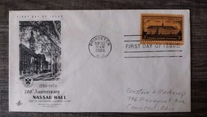 Vintage 1956 First Day Of Issue Nassau Hall 3 Cent Stamp & Envelope. Nassau Hall